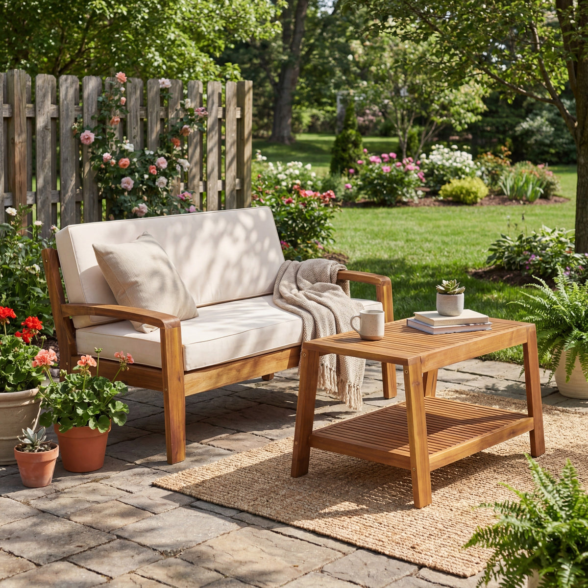 2-Piece Outdoor Teak Acacia Wood Conversation Set