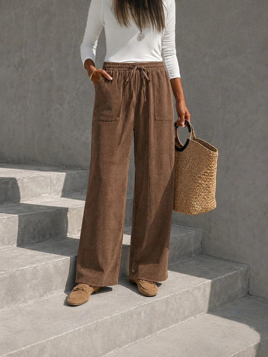 Autumn Winter European And American Cross-Border Women's Corduroy Wide Leg Pants With Elastic Waist And Drawstring, Loose Casual Long Pants