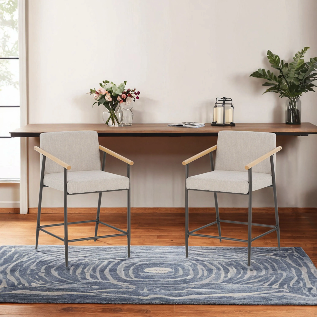 Counter Stool with Iron Frame - Set of 2 - Espresso + Beige