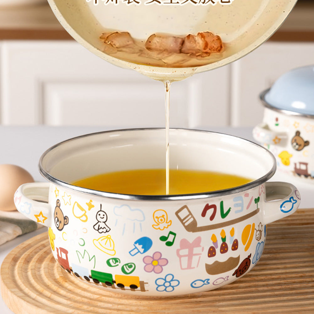 Double-handled Enameled Instant Noodle Bowl With Lid, Heat-resistant Oil Can