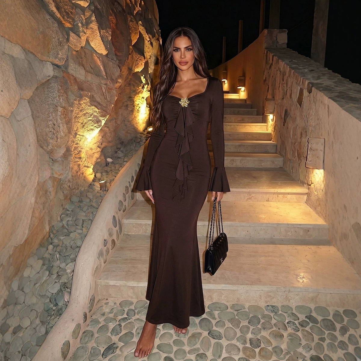 Women's V-neck Flared Long-sleeve Dress