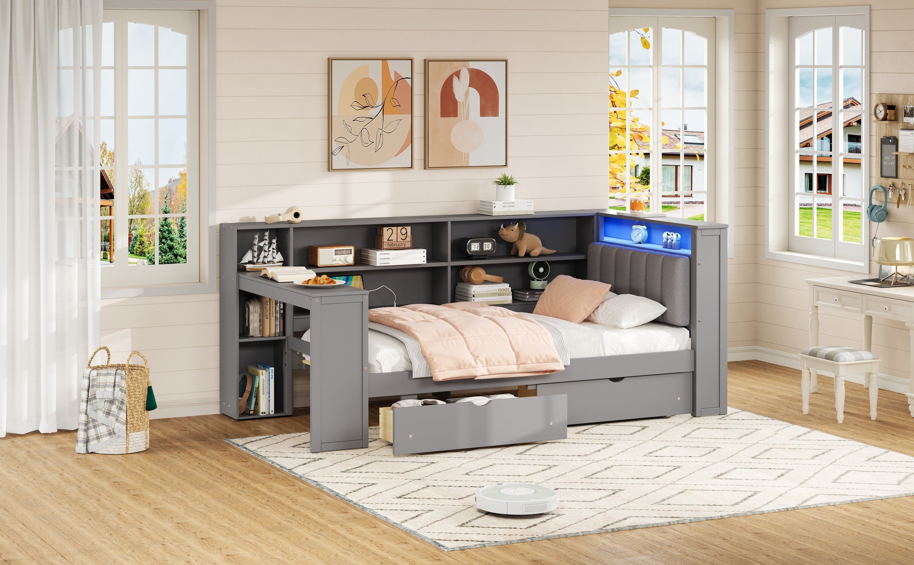 Wood Twin Size Platform Bed with Storage Shelves and Charging Station