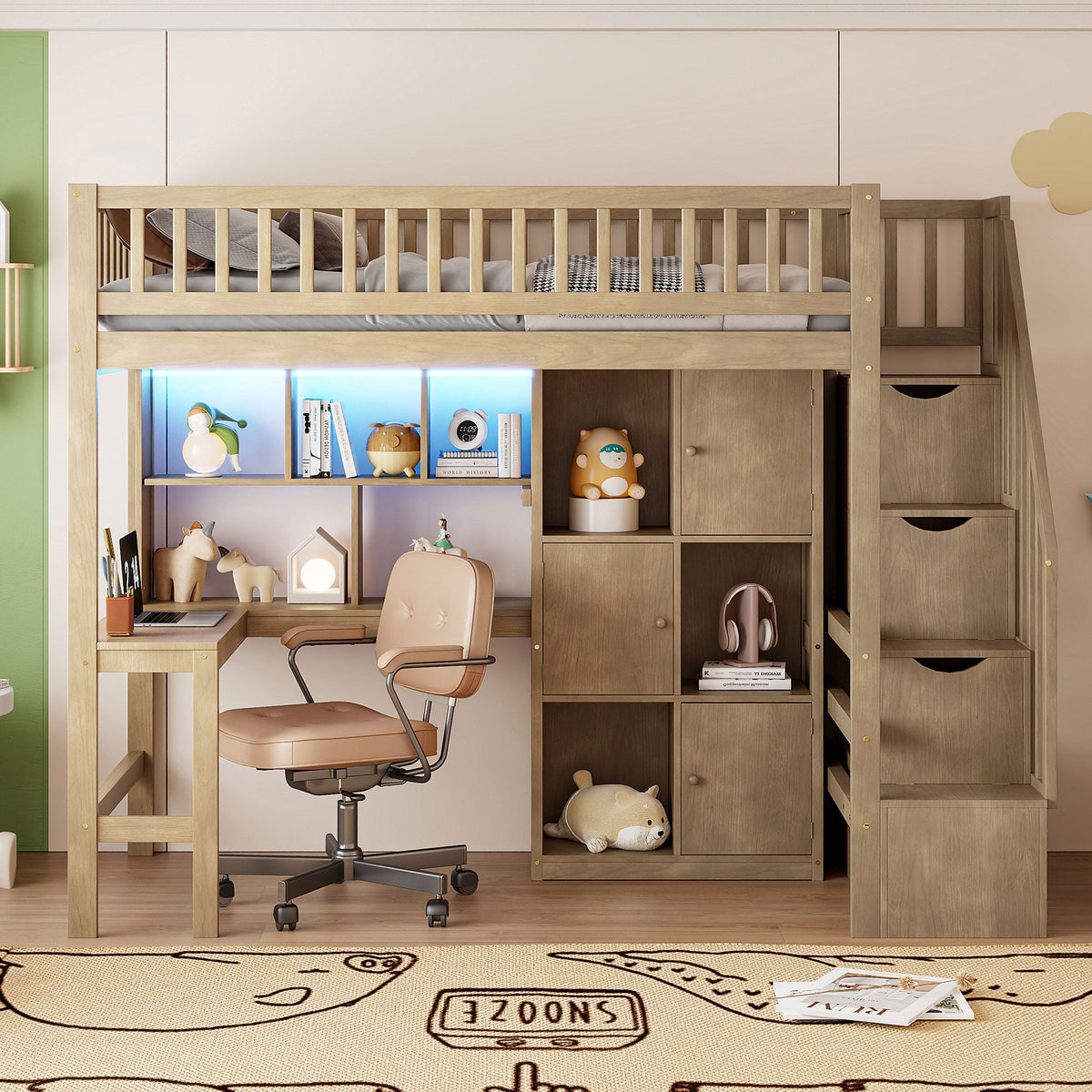 Wood Twin Size Loft Bed with Built-in Desk, LED, Storage Shelves, Cabinets and Staircase
