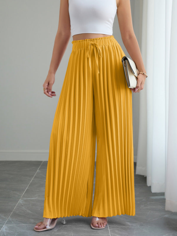 European And American Spring And Summer Women's New Trousers Amazon Independent Station Pure Color Pleated Elastic Waist Lace-Up Loose Wide-Leg Pants