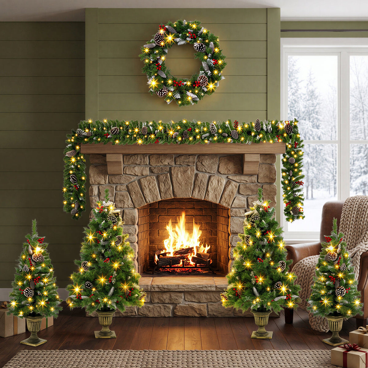 6-Piece Christmas Tree Set – 4 Trees, Wreath, and Garland