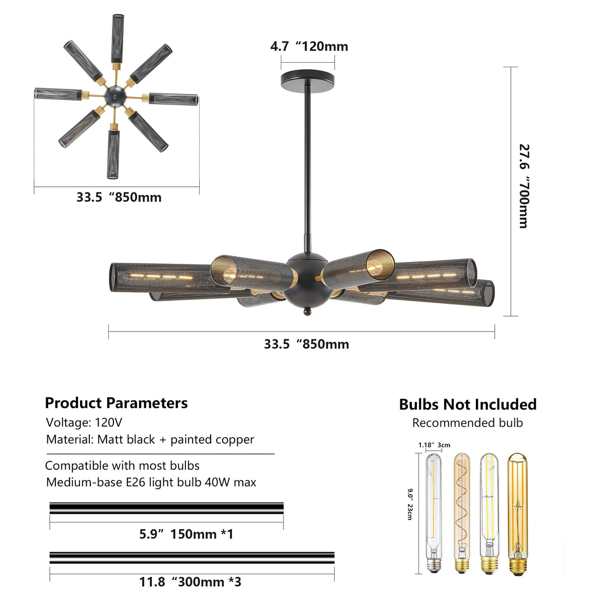 34" Modern Industrial Sputnik Chandelier, 8-Light