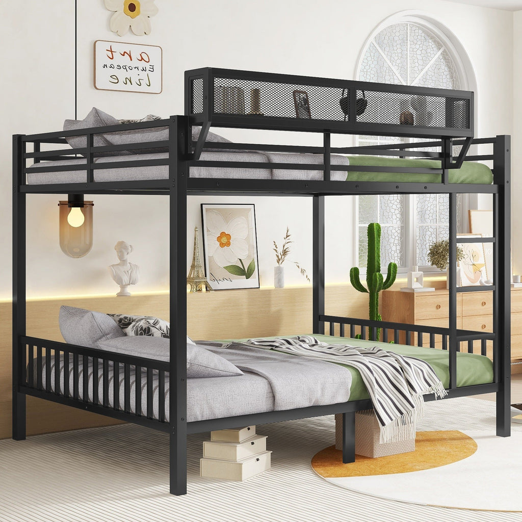 Queen Over Queen Metal Bunk Bed with Ladder and Storage Shelf
