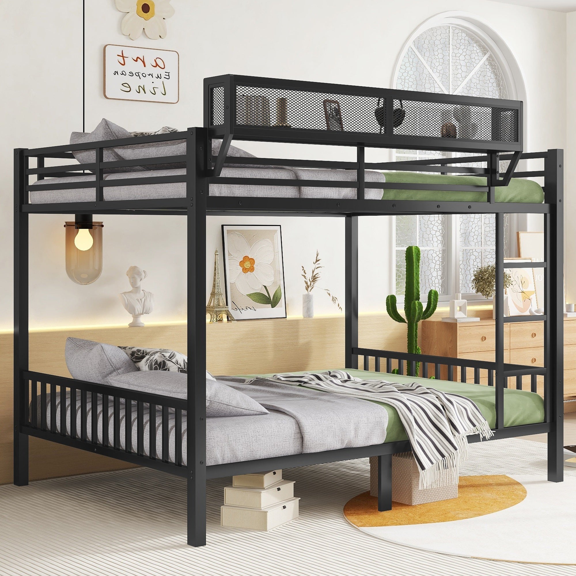 Queen Over Queen Metal Bunk Bed with Ladder and Storage Shelf