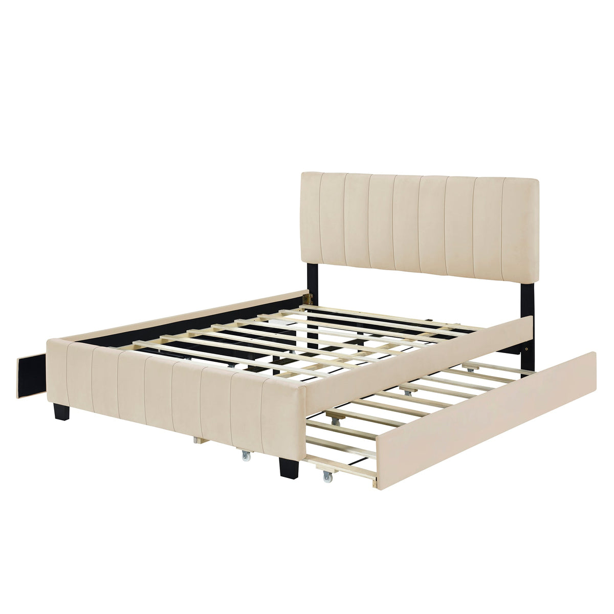 Queen Size Velvet Upholstered Platform Bed with 2 Drawers and Trundle
