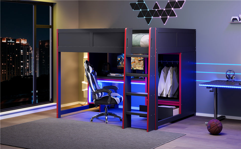 Wood Full Size Gaming Loft Bed with Built-in Desk, Wardrobe, LED and Drawer