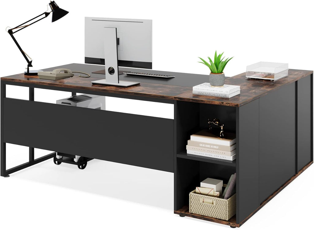 71" L-Shaped Executive Desk with Storage Cabinet & Shelves