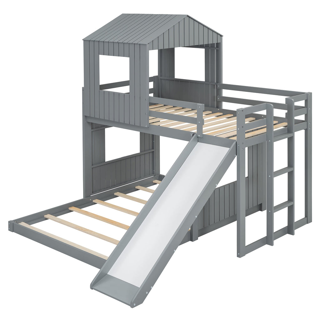 Wooden Twin Over Full Bunk Bed, Loft Bed with Playhouse