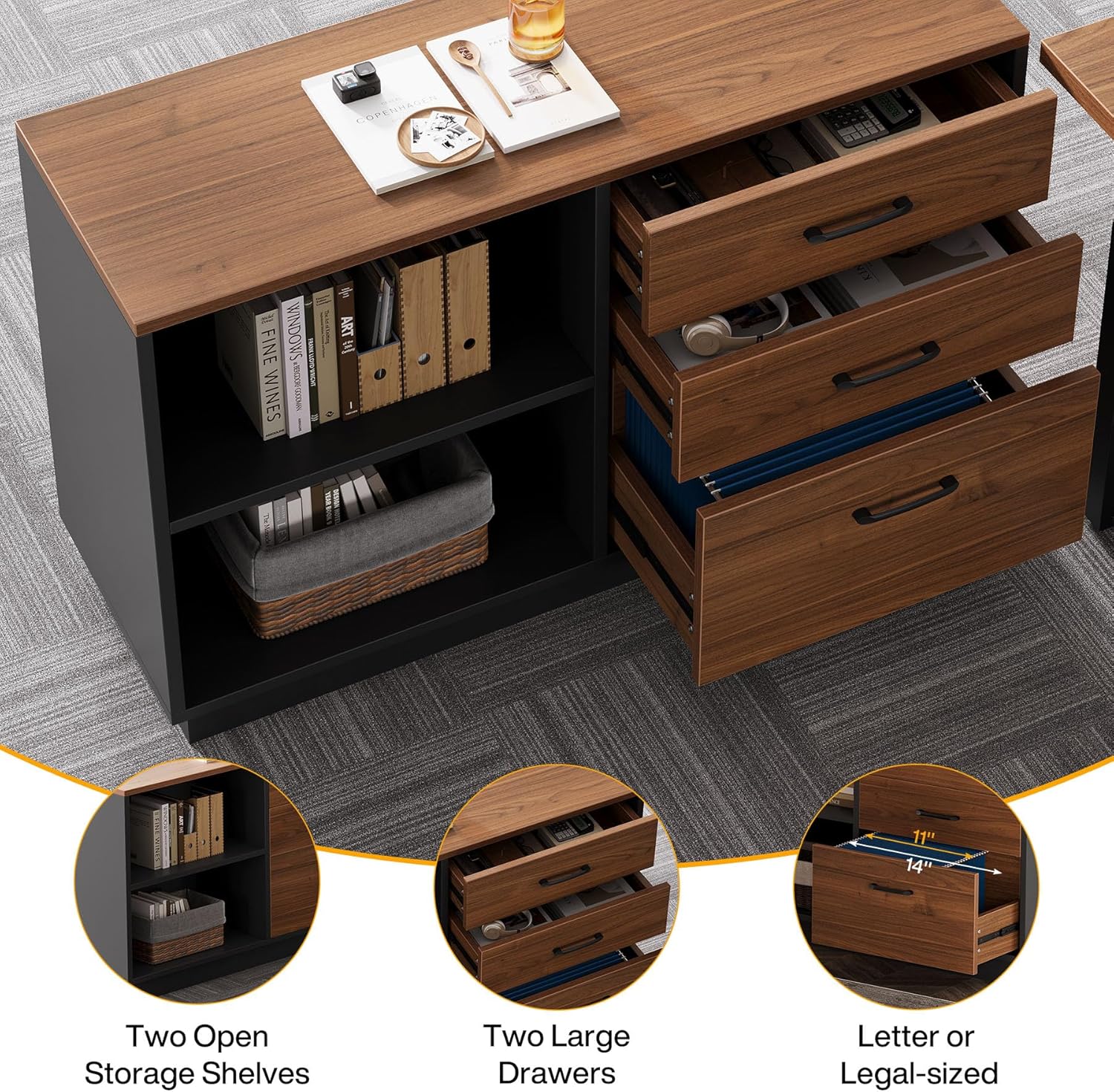 63-Inch L-Shaped Executive Desk with 47-Inch File Cabinet