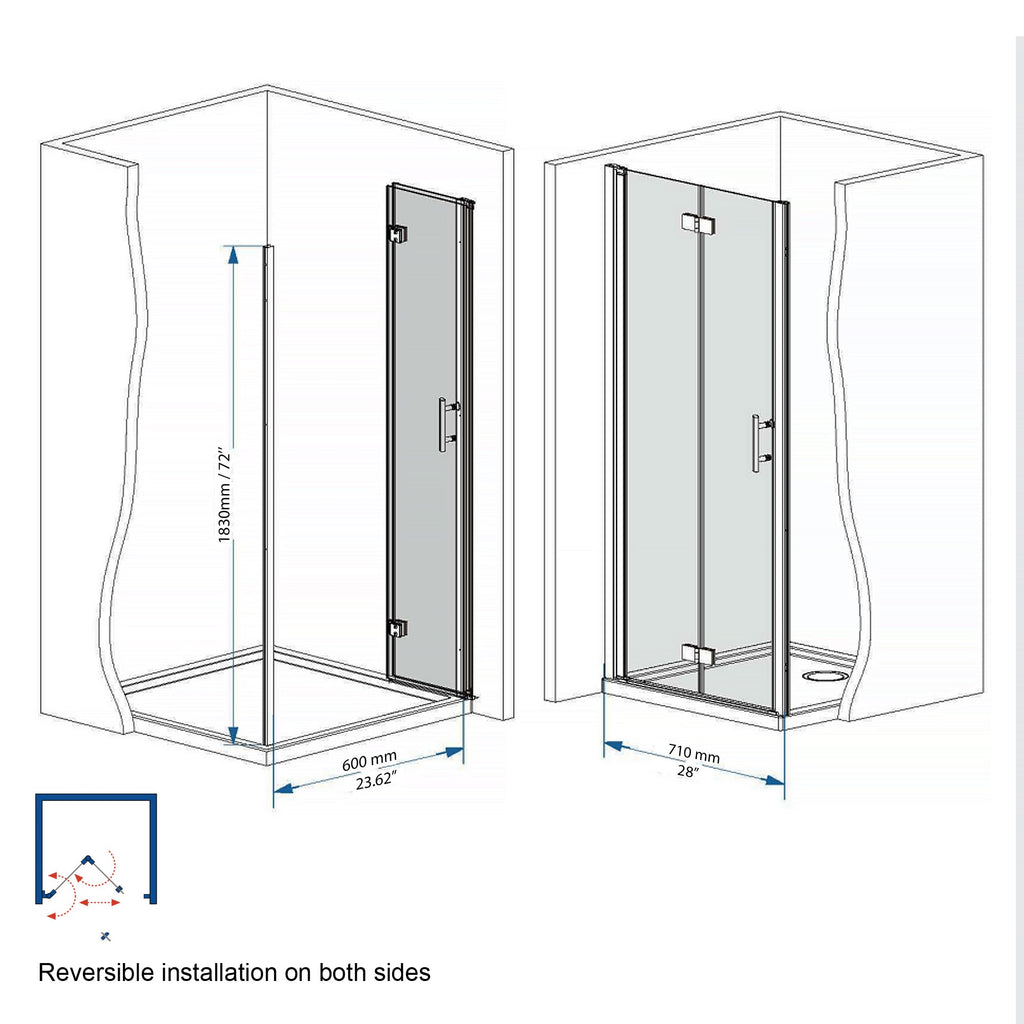 29-28"x 72" Bifold Shower Door, 1/4" Tempered Glass