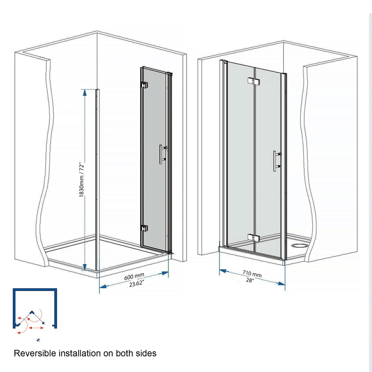 29-28"x 72" Bifold Shower Door, 1/4" Tempered Glass