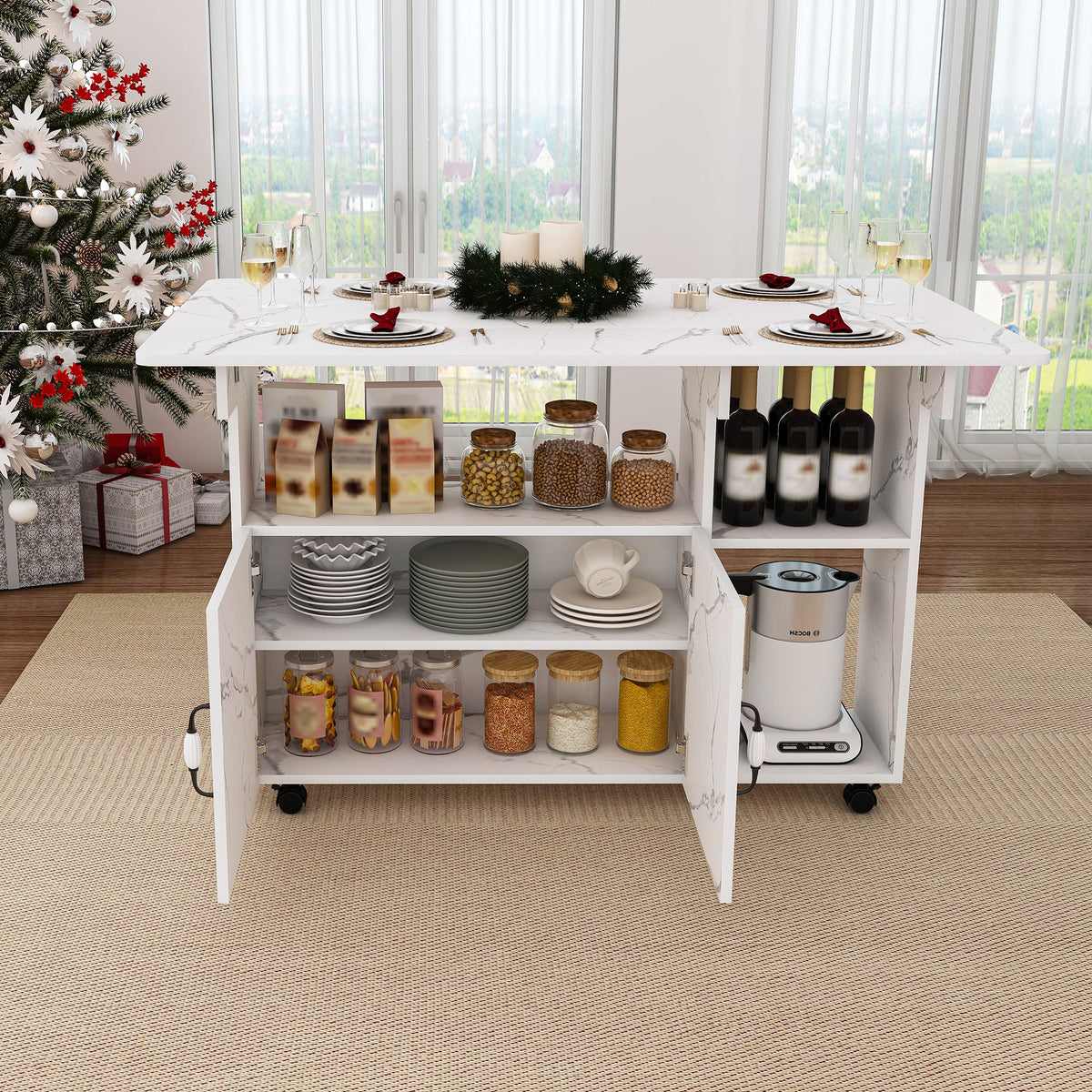 Multi-Functional Folding Table with Storage Shelves and Wheels