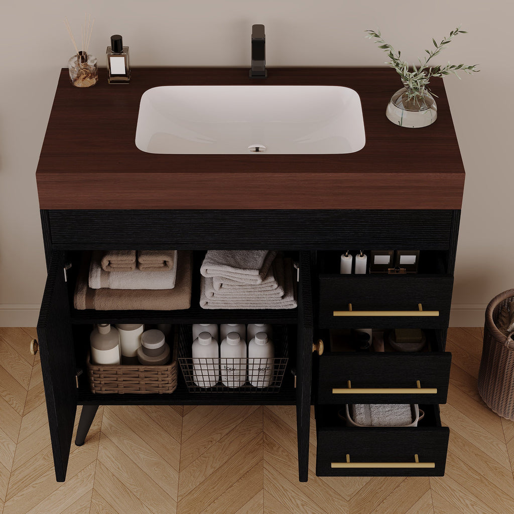 36" Freestanding Bathroom Vanity with Ceramic Sink and Faux Marble Top