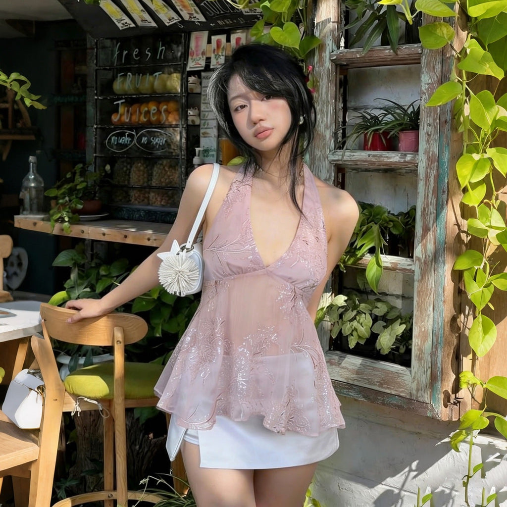 Deep-V Halter Floral Mesh Hollow-out Figure-flattering Slim-fit Camisole