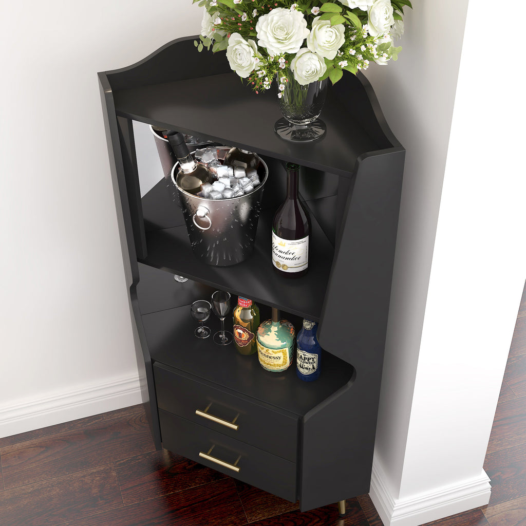 Wooden Corner Bar Cabinet With 2 Open Storage Shelves And 2 Drawers