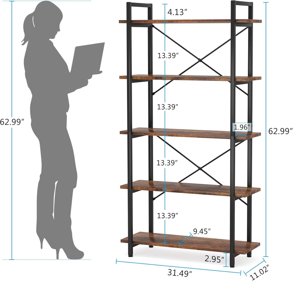63" Tall 5-Tier Rustic Brown Industrial Bookshelf