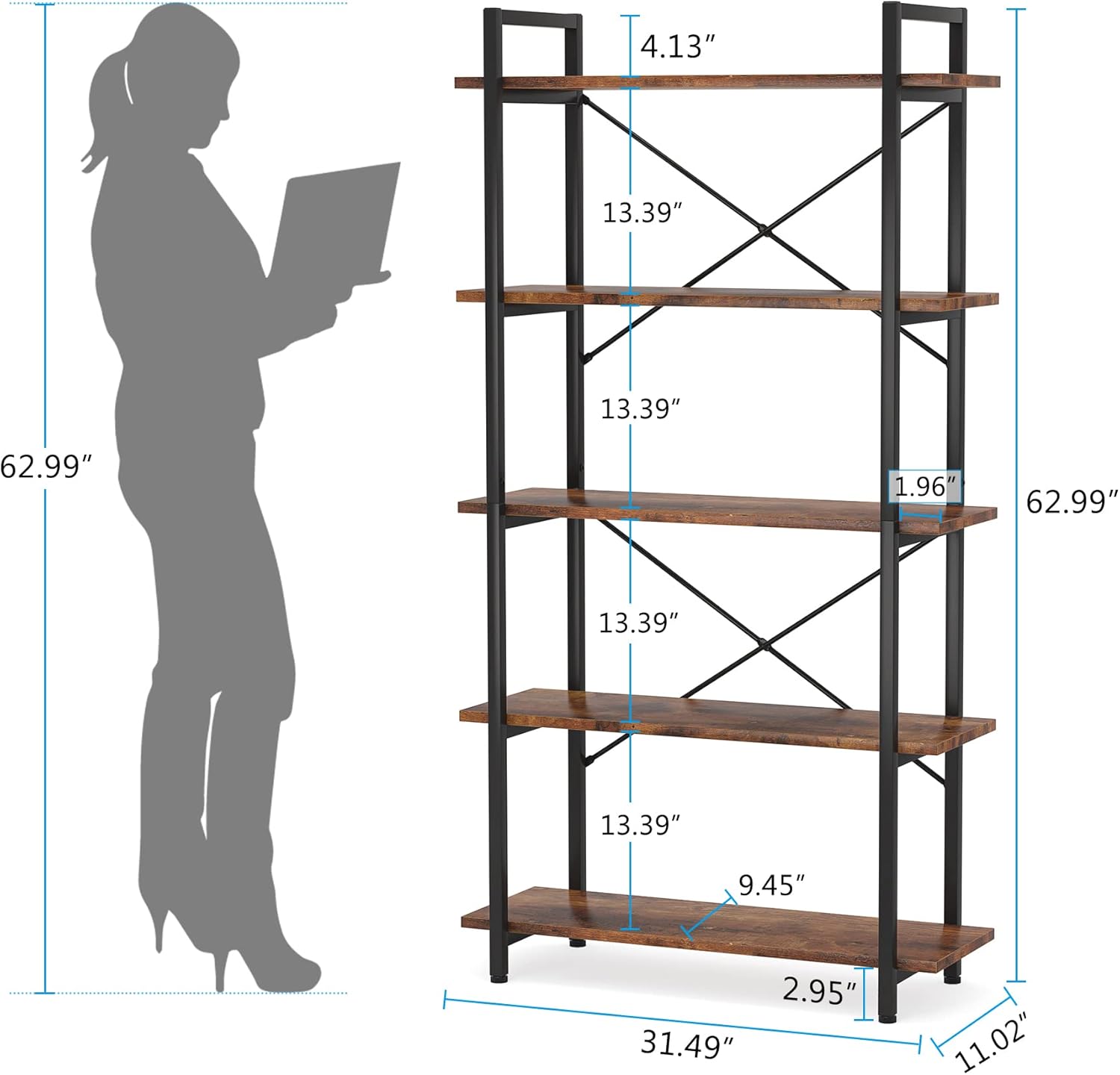 63" Tall 5-Tier Rustic Brown Industrial Bookshelf
