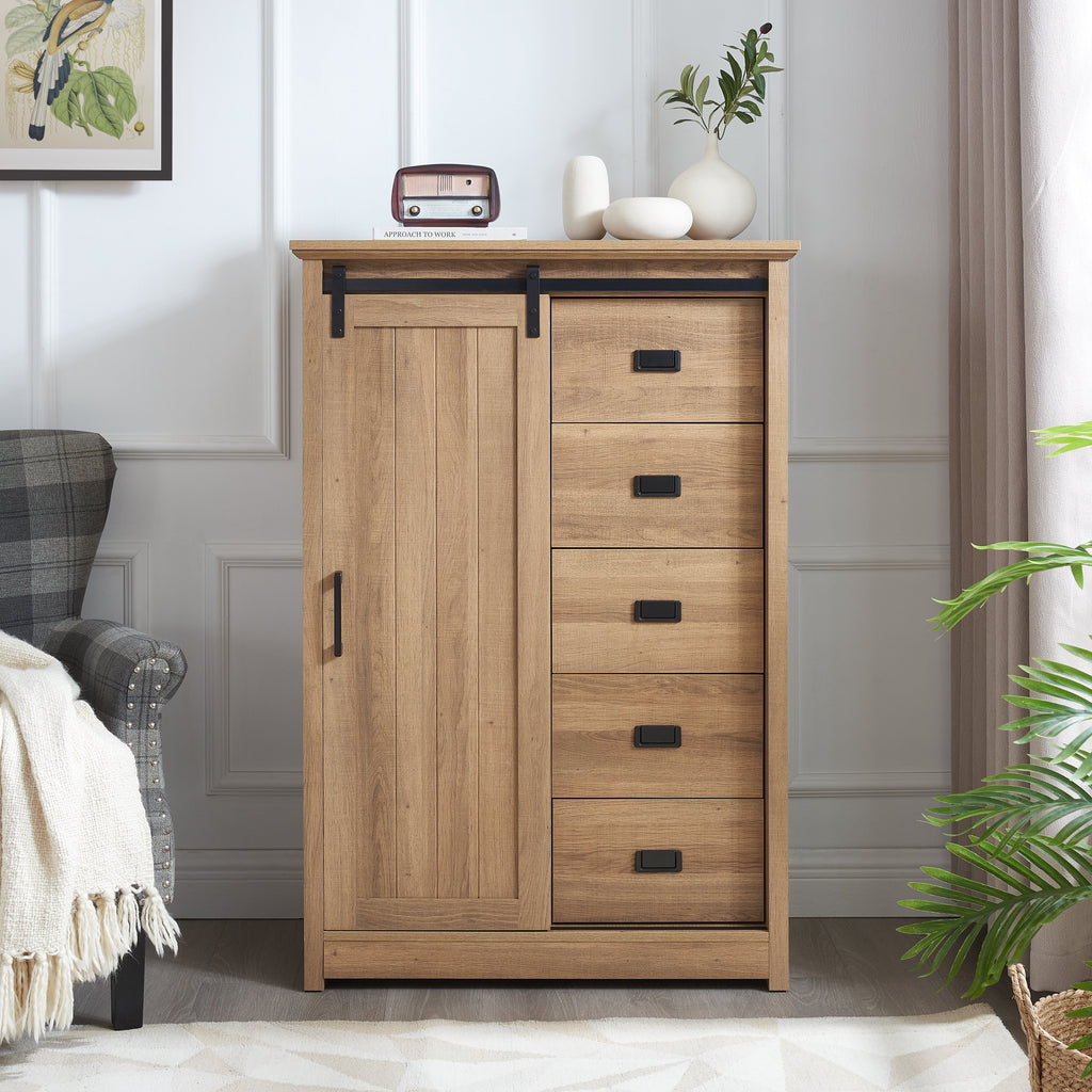 Farmhouse Modern 5 Drawer Dresser with Sliding Barn Door