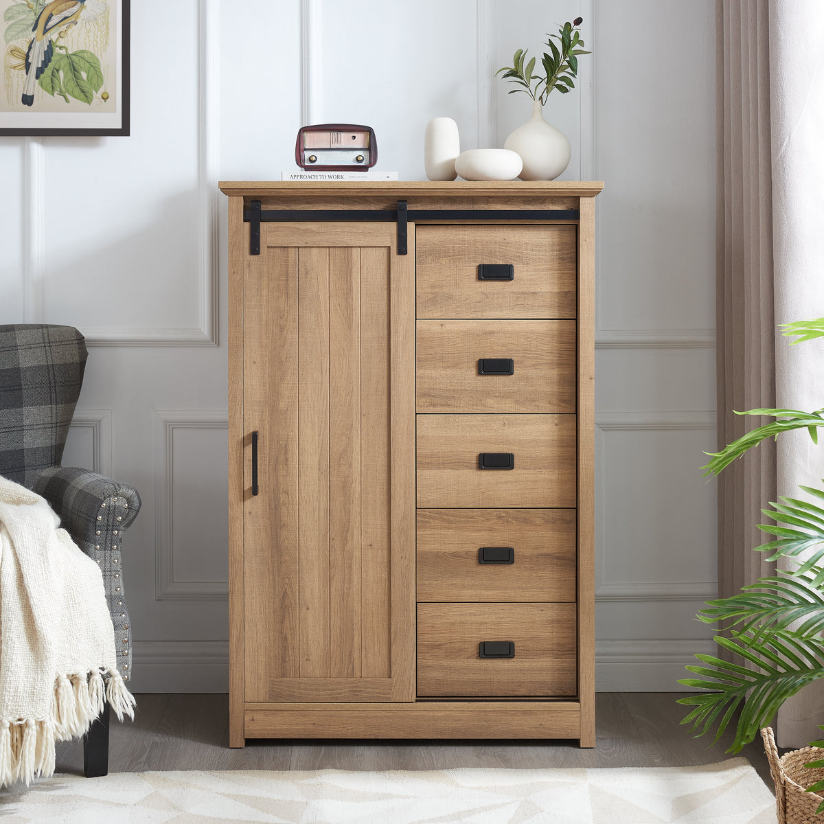 Farmhouse Modern 5 Drawer Dresser with Sliding Barn Door