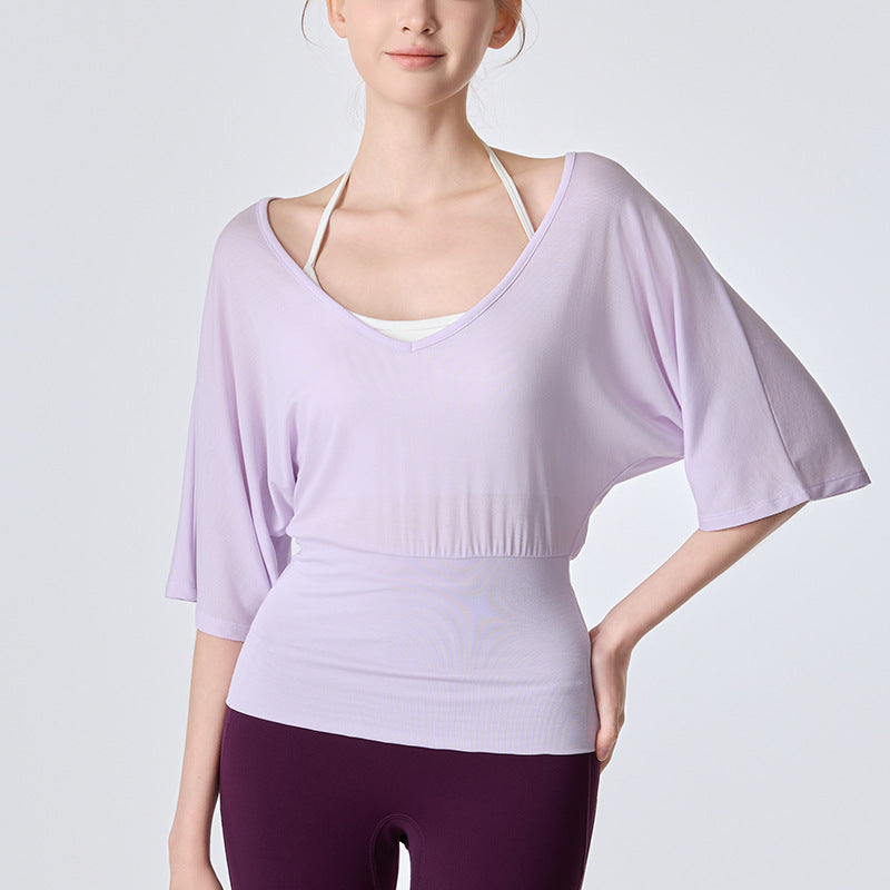 Women's Fitness Yoga Clothing, Fashionable Loose-fitting Short-sleeve T-shirt With Drape Effect, Waist-cinching Casual Style Top For Daily Wear