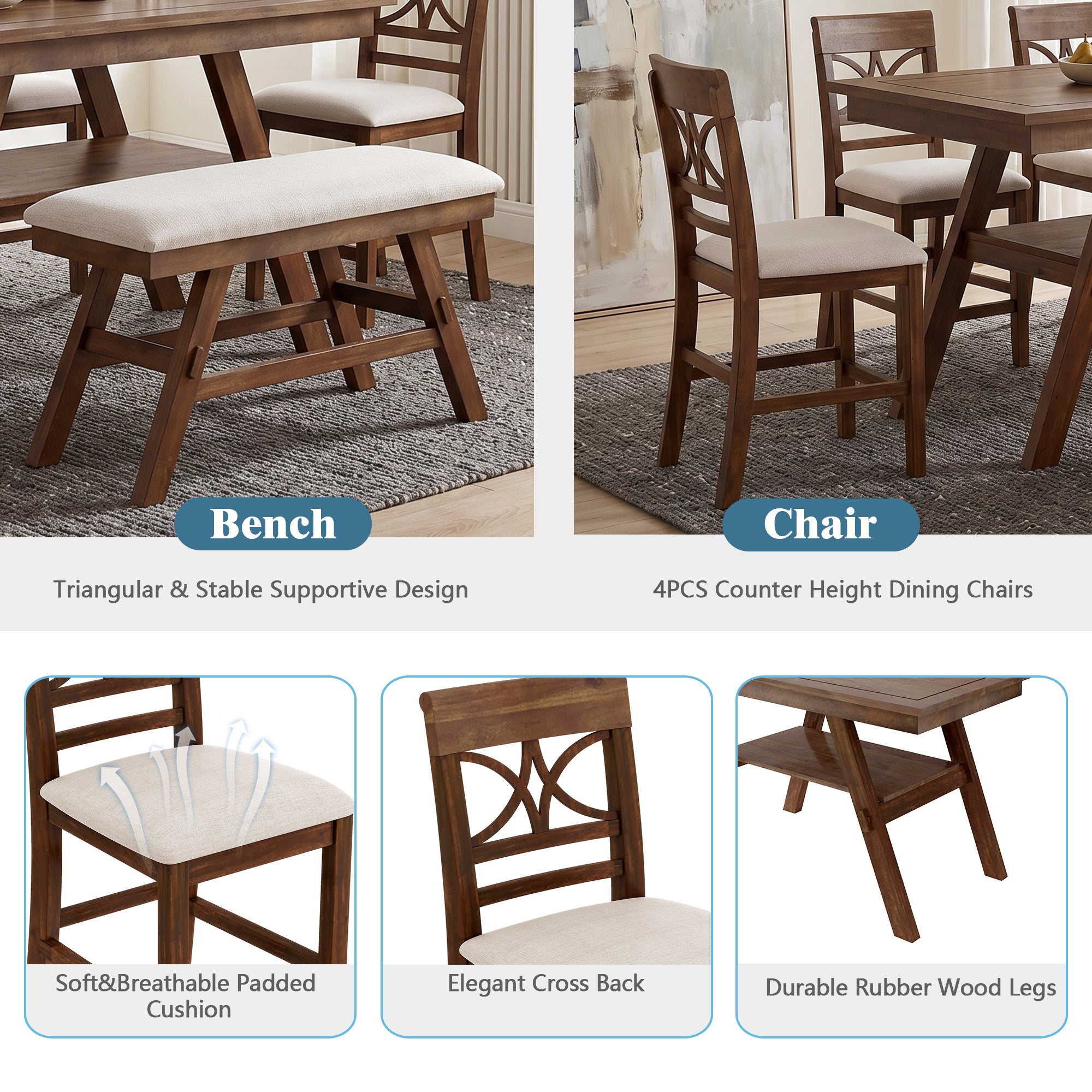 TOPMAX 6-Piece Wood Counter Height Dining Table Set