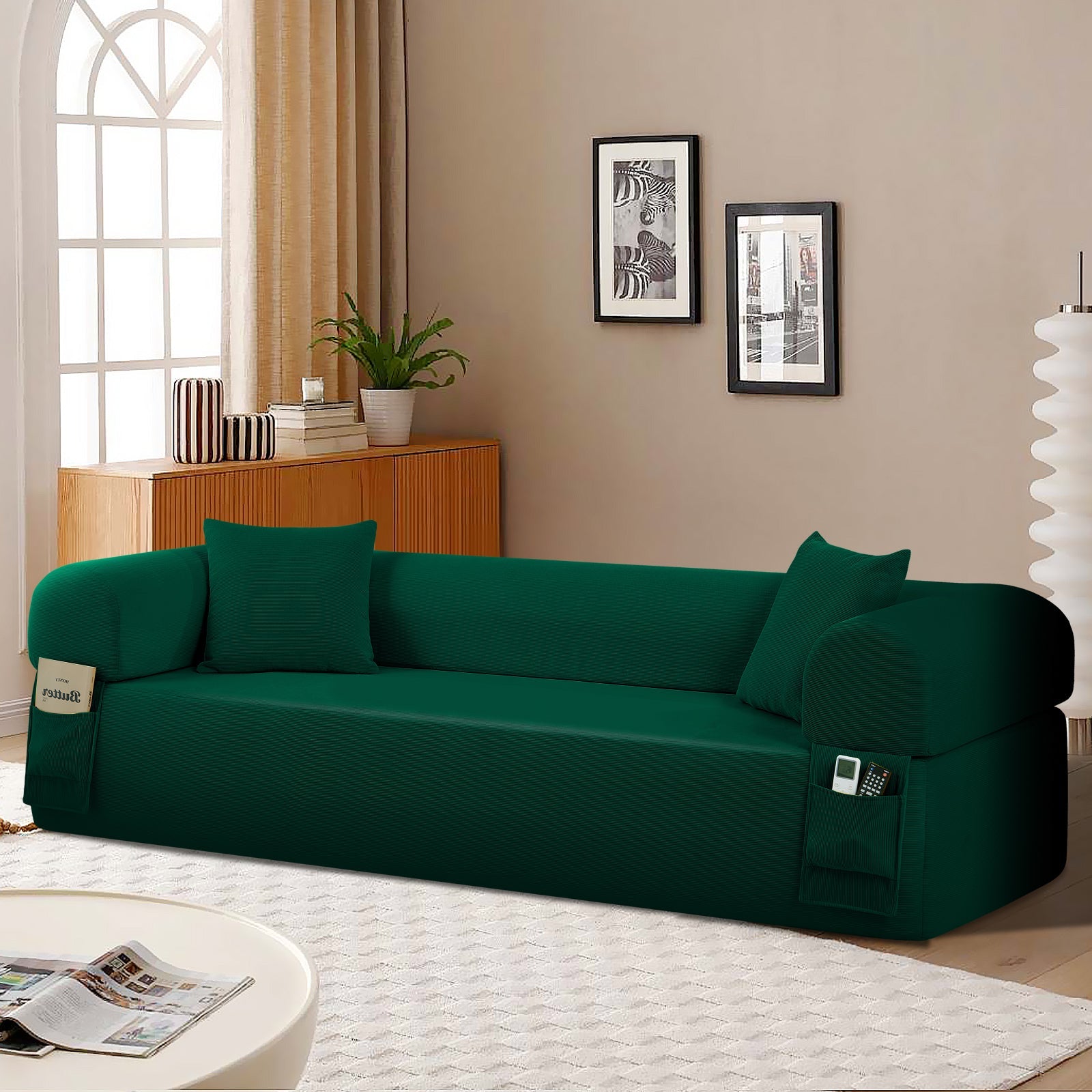 Spring Sofa with High-Quality Fabric, Pillows & Storage - Green