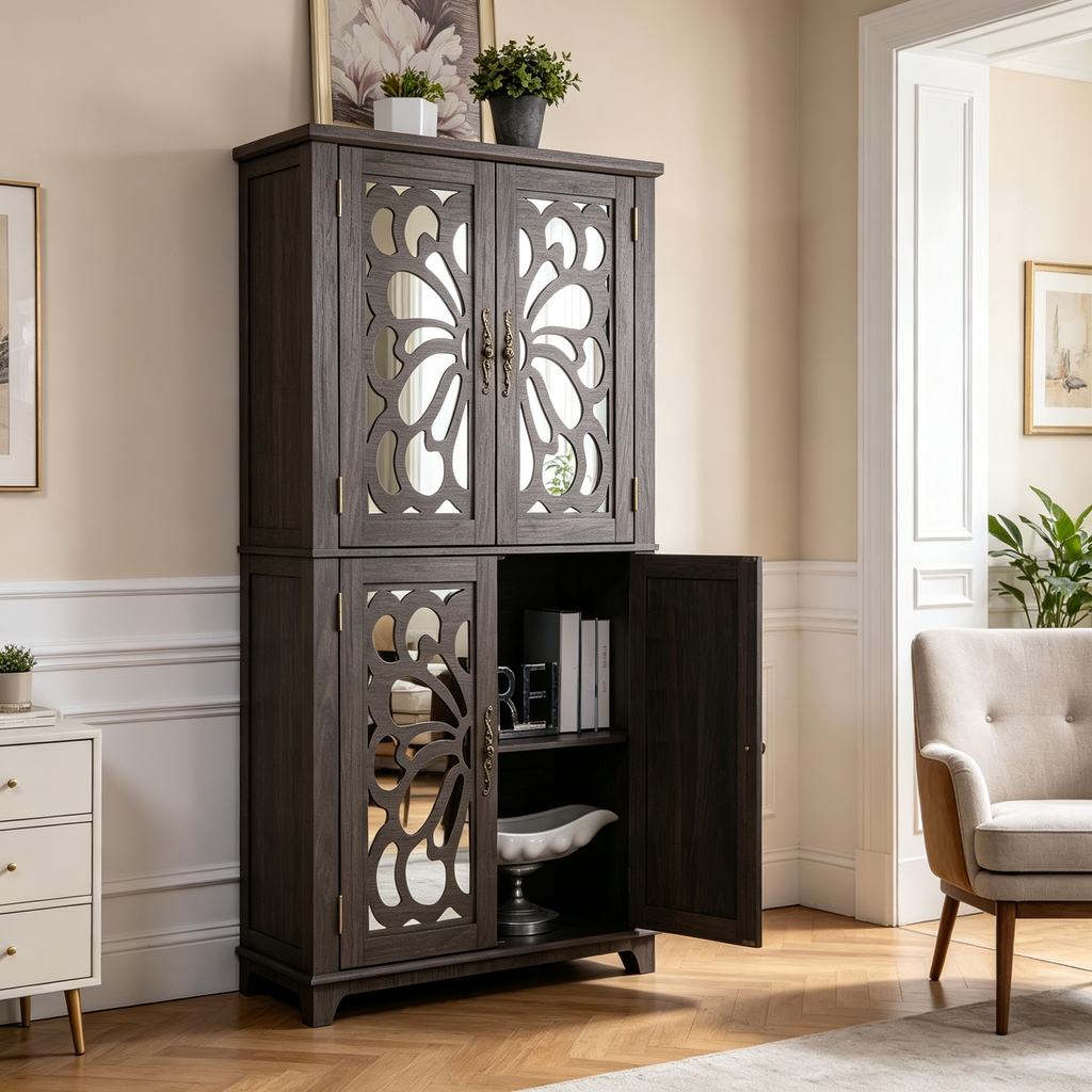 Display Sideboard Buffet with 4 Acrylic Mirrored Doors