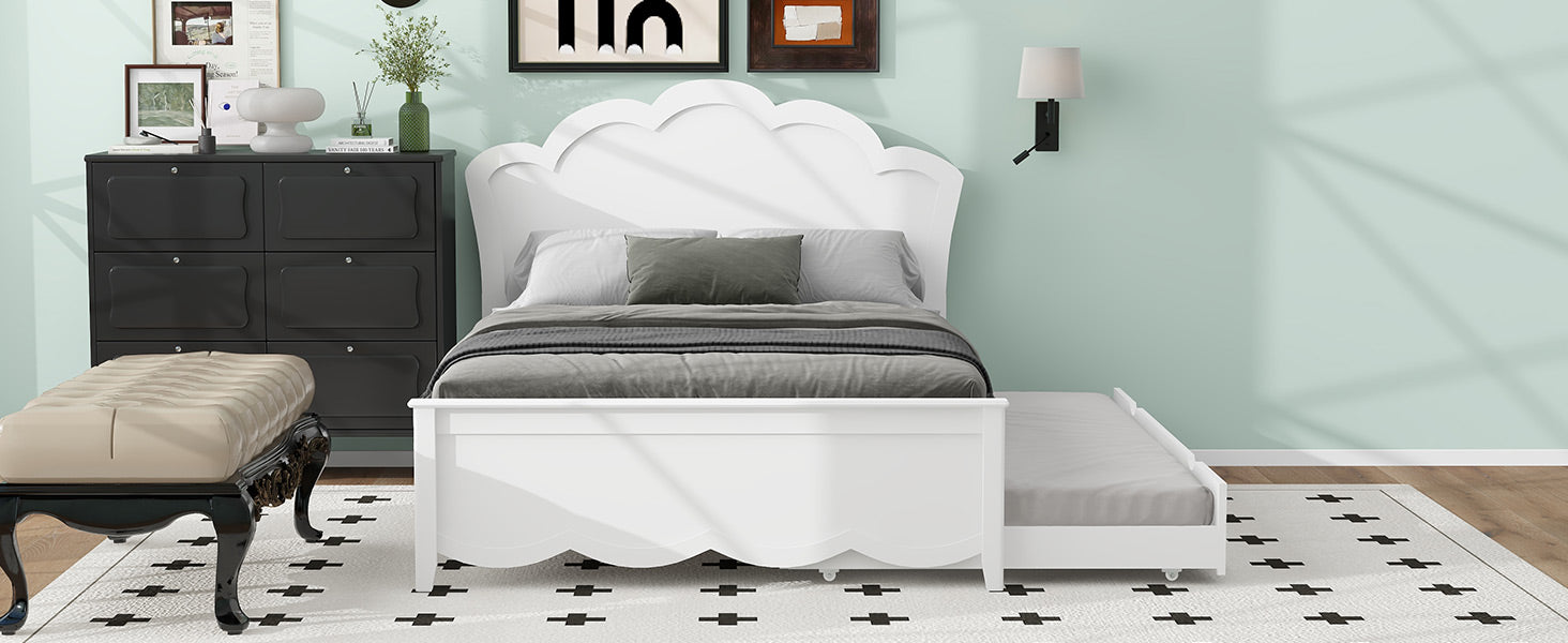 Full Size Wood Platform Bed with Headboard and Twin Size Trundle