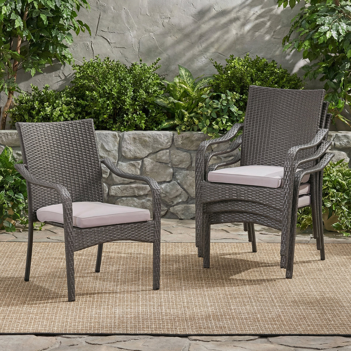 Outdoor PE Rattan Stacking Chair Set with Cushions (Set of 4)