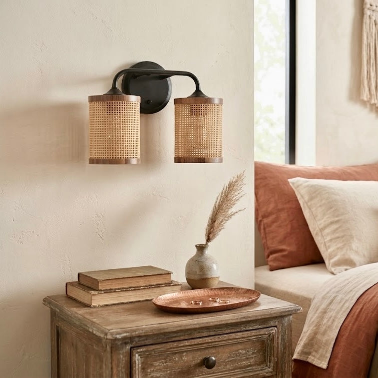Quell Double Light Vanity With Natural Rattan Shade