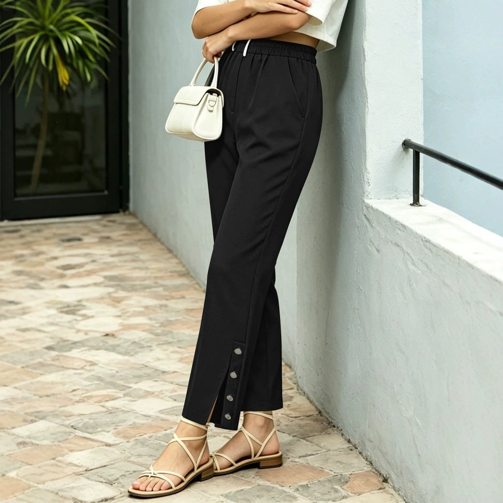 Independent Site European And American Cross-border Foreign Trade Elastic Waist Cropped Straight-leg Trousers With Buttoned Cuffs And Drapey Casual Design