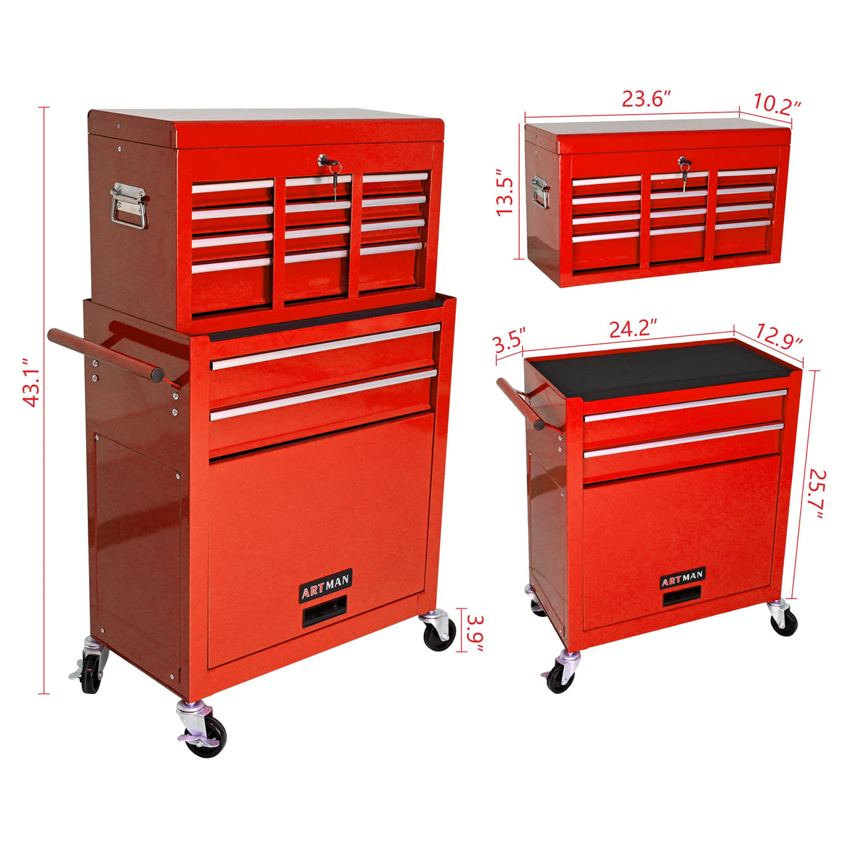 High Capacity Rolling Tool Chest with Wheels and Drawers, 8-Drawer Tool Storage Cabinet - Red