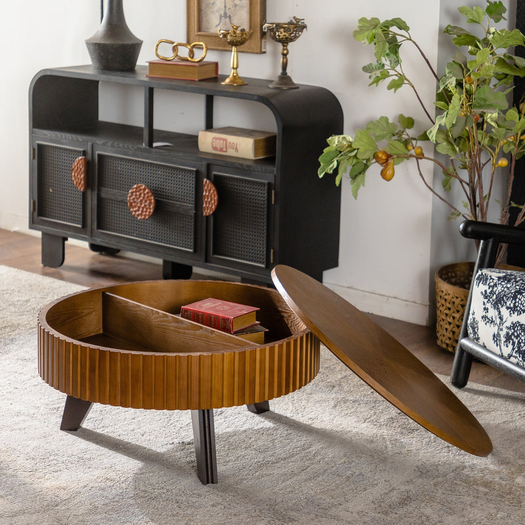 31.5" Retro Round Coffee Table with Storage Space