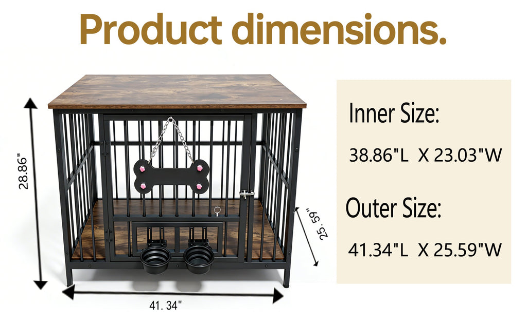 Vintage Wood Grain Dog Cage with 360 Degree Rotating Bowl