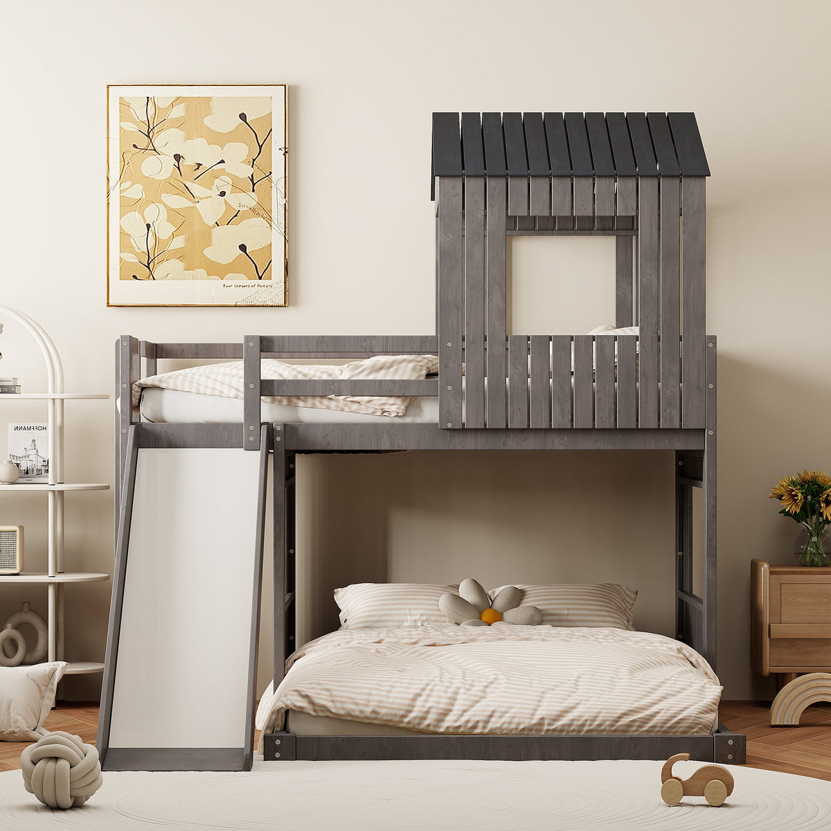 Wooden Twin Over Full Bunk Bed with Playhouse