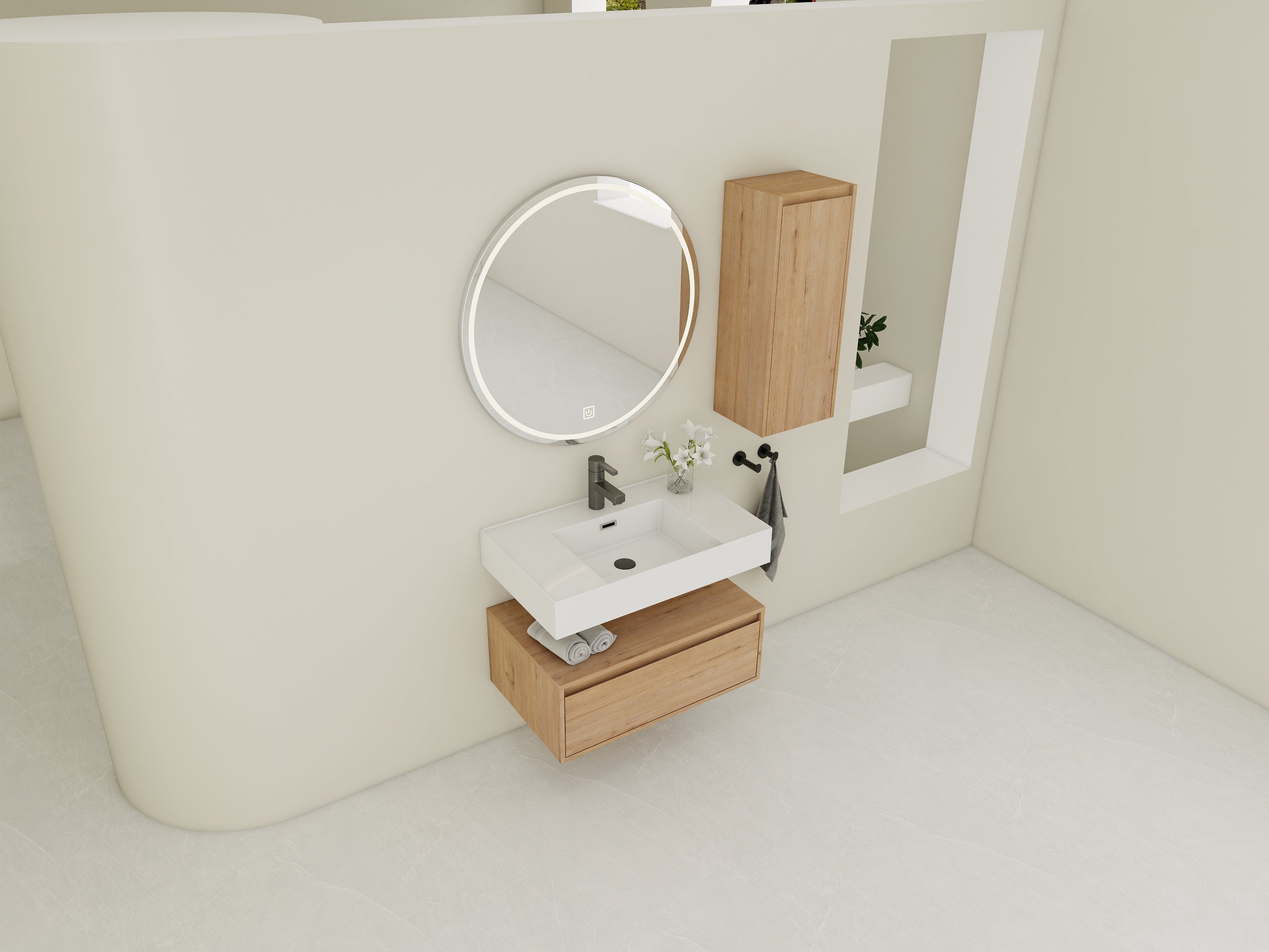 30 Inch Wall-Mounted Bathroom Vanity with Resin Sink and Side Cabinet