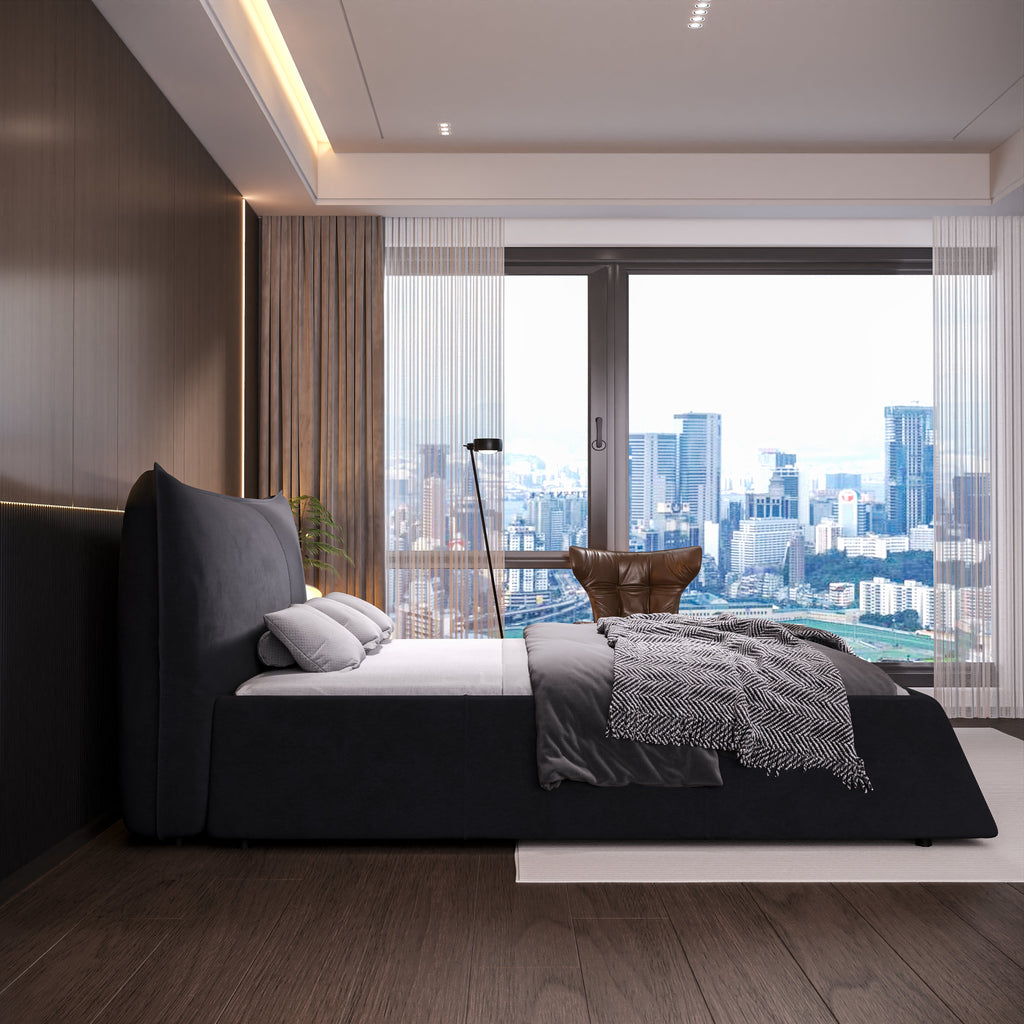 Queen Size Upholstered Platform Bed with Special Shaped Velvet Headboard