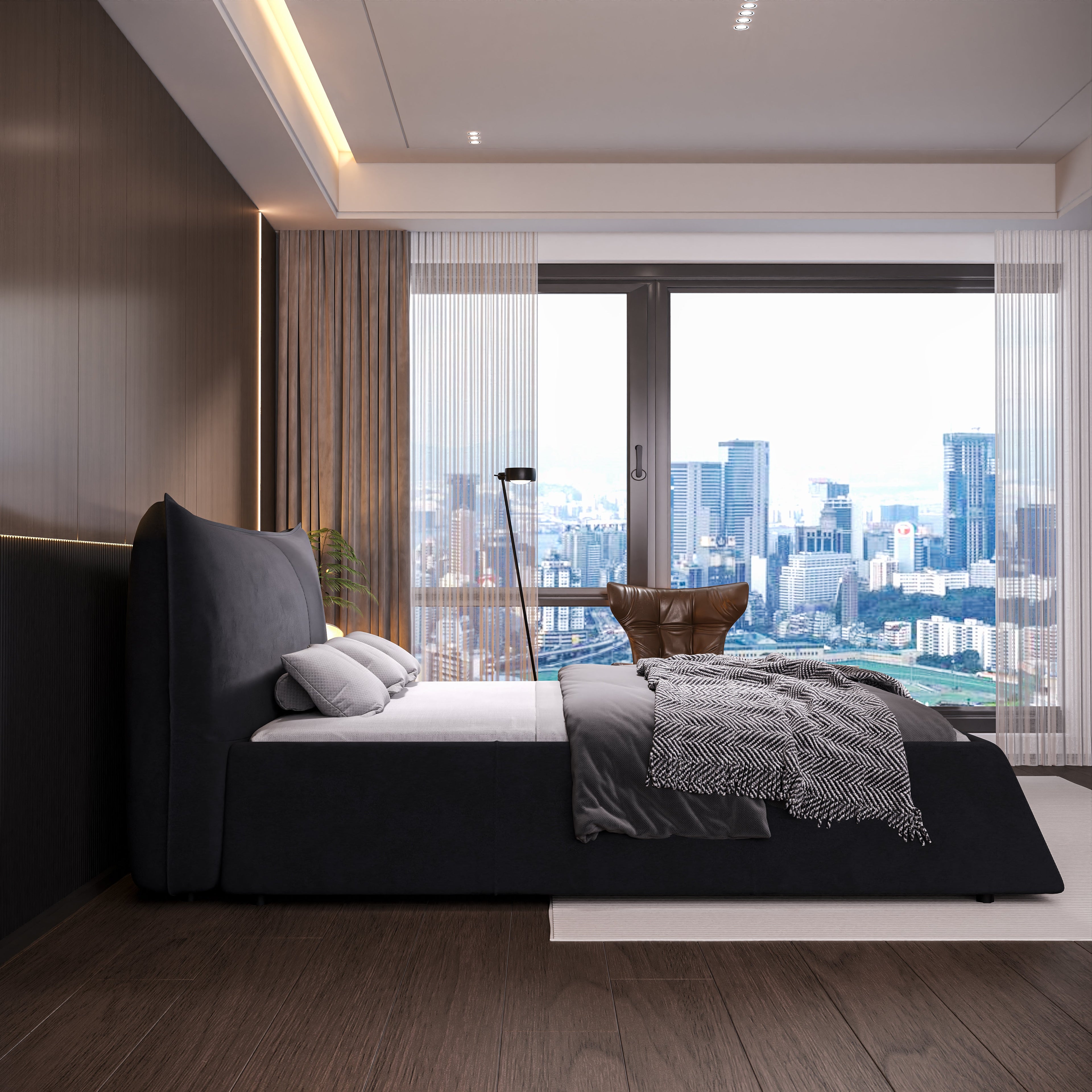 King Size Upholstered Platform Bed with Special Shaped Velvet Headboard