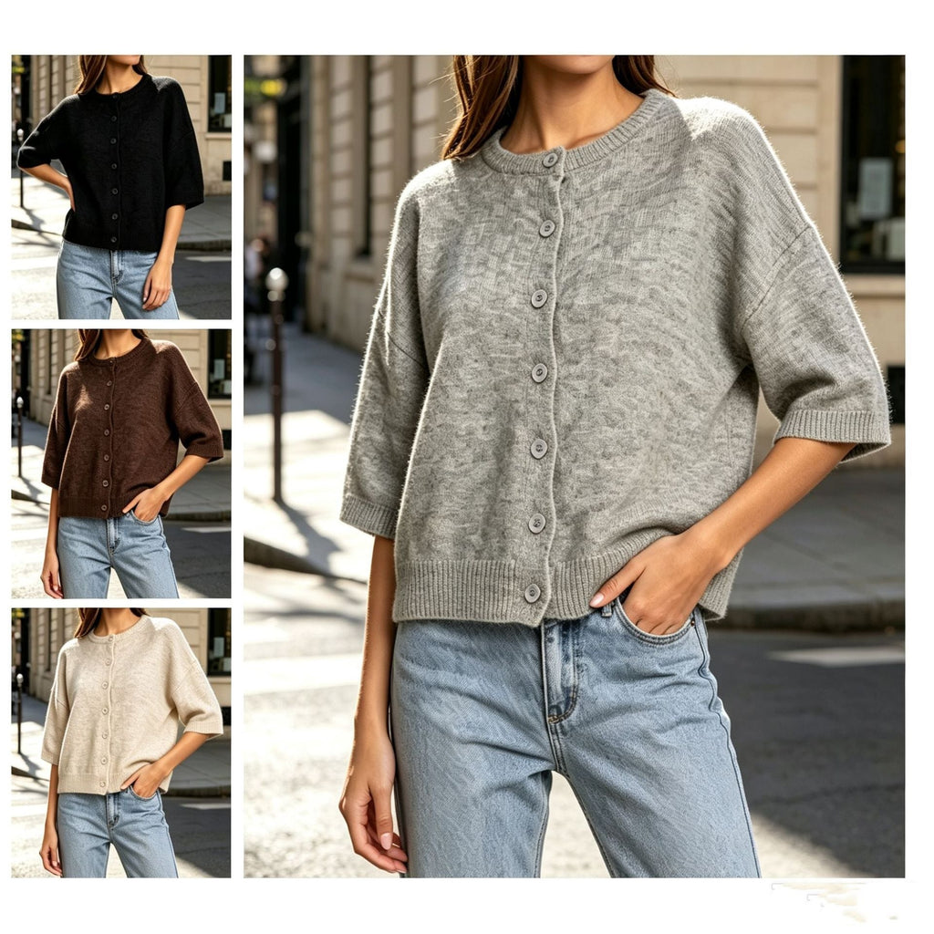 2026 Autumn Cross Border Round Neck Mid Sleeve Knitted Wool Cardigan Women's Loose Shoulder Button Sweater Women's Coat