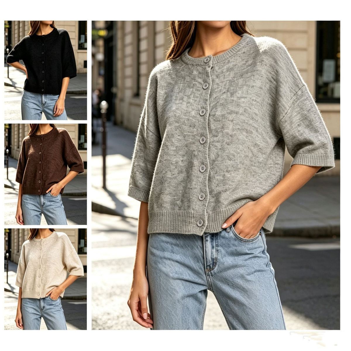 2026 Autumn Cross Border Round Neck Mid Sleeve Knitted Wool Cardigan Women's Loose Shoulder Button Sweater Women's Coat