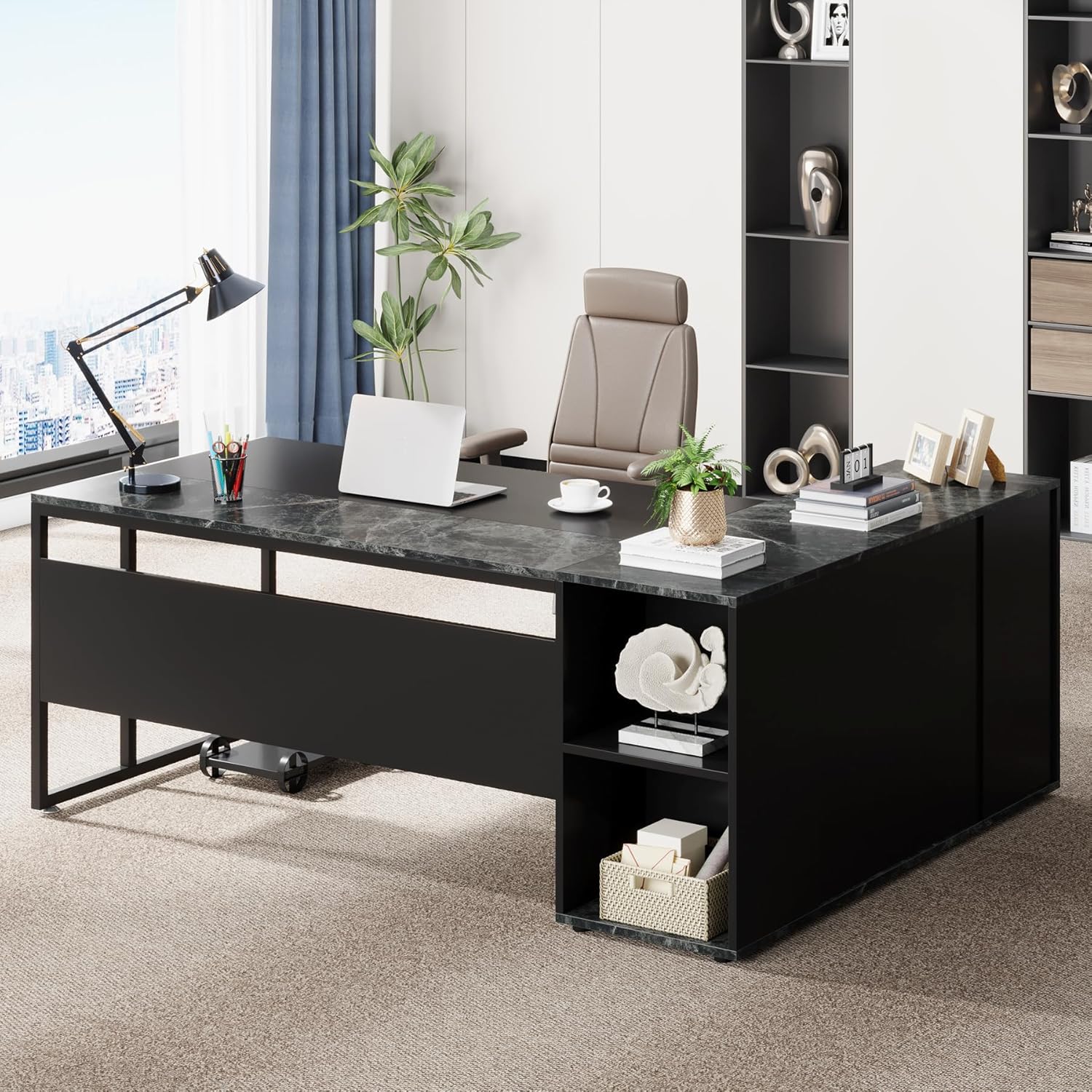 71" L-Shaped Executive Desk with Storage Cabinet & Shelves