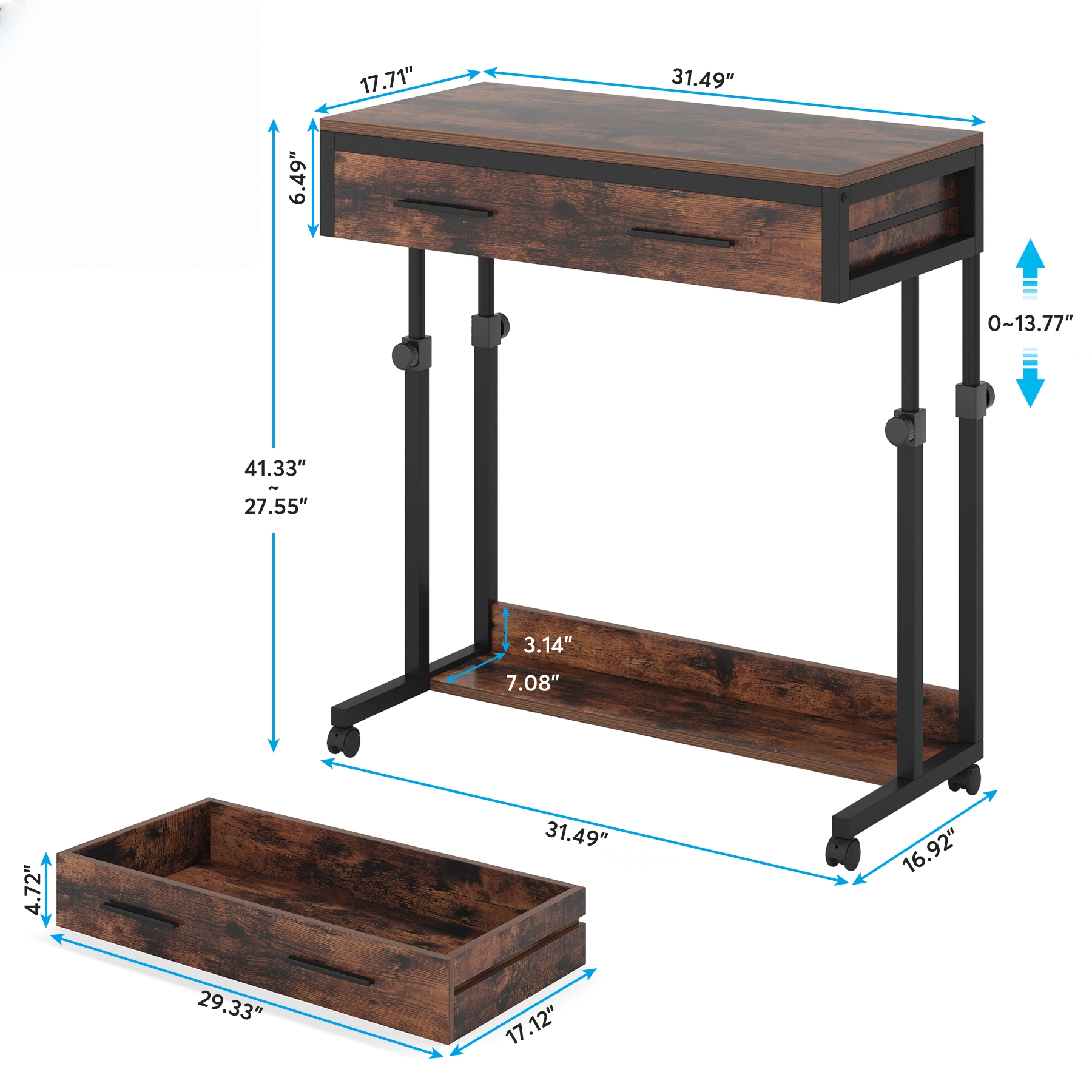 Portable Laptop Desk with Drawer & Wheels