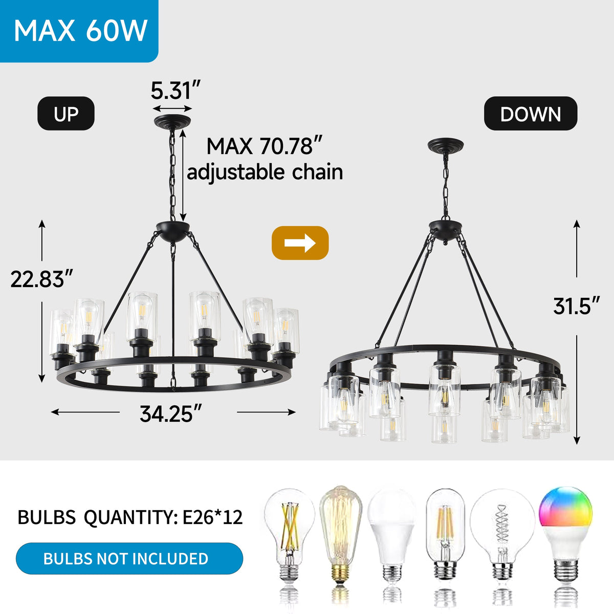 Black Wagon Wheel Chandelier - 34.5 Inch Modern Farmhouse
