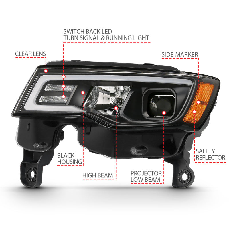 ANZO 2017-2018 Jeep Grand Cherokee Projector Headlights w/ Plank Style Switchback - Black w/ Amber 111418