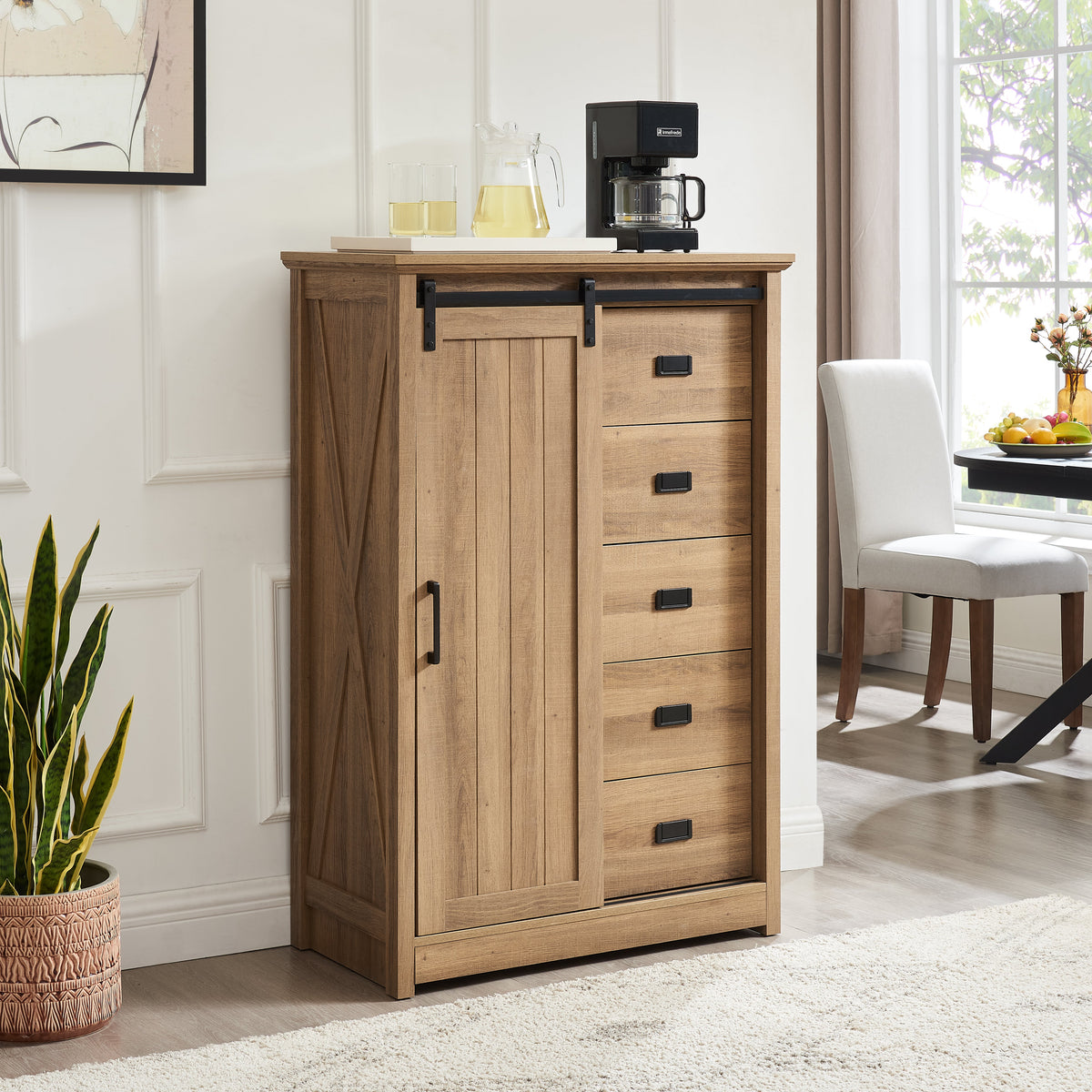 Farmhouse Modern 5 Drawer Dresser with Sliding Barn Door