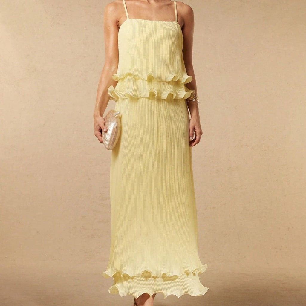 Pleated Yellow Strap Spliced Tiered Long Dress